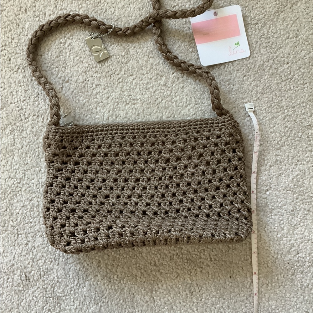 Lina taupe macrame knit small shoulder purse, NWT - Picture 4 of 5